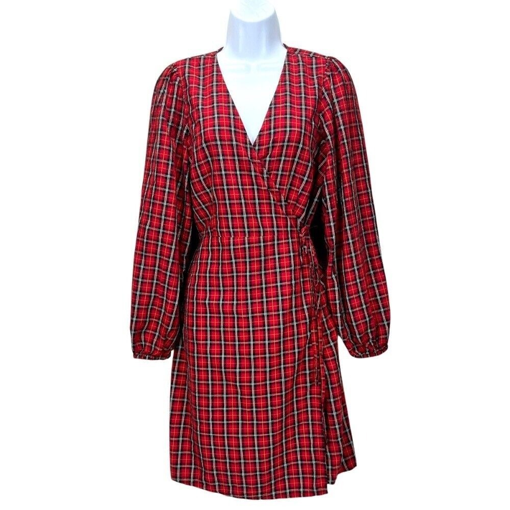 Old Navy‎ Large Red Plaid Tartan Long Sleeve Wrap Mini Dress